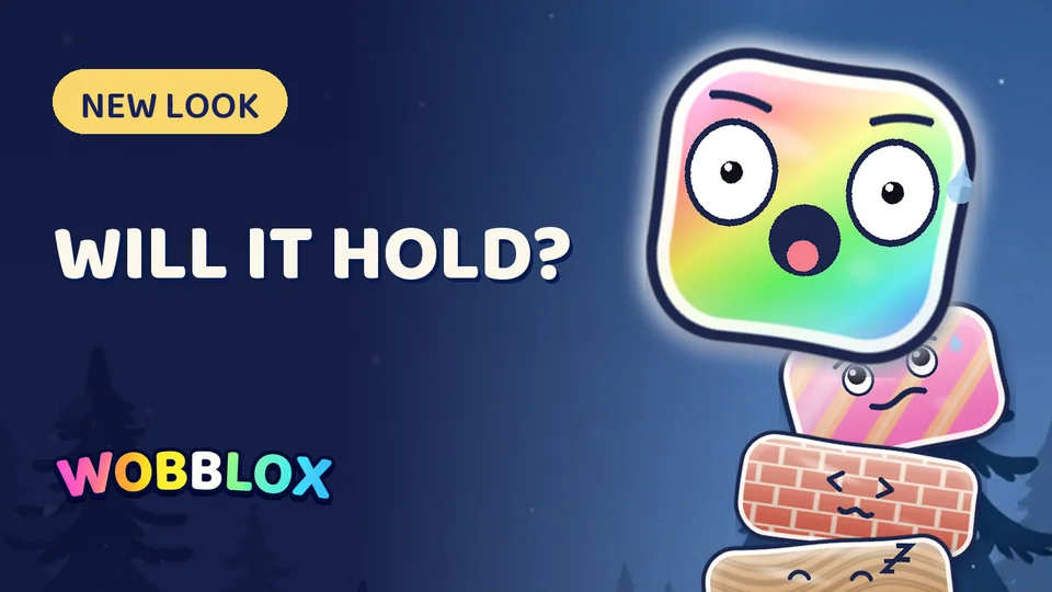 Trailer preview: a startled rainbow Wobblox on top of a leaning tower